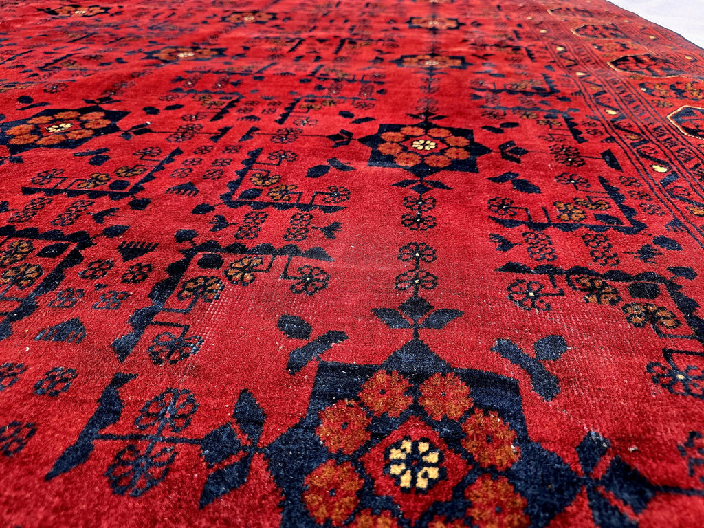 Red Geometric Medallion Rug, 6.4 x 9.3 Ft Area Rug, Crimson Tribal Style Carpet, Statement Living Room Decor