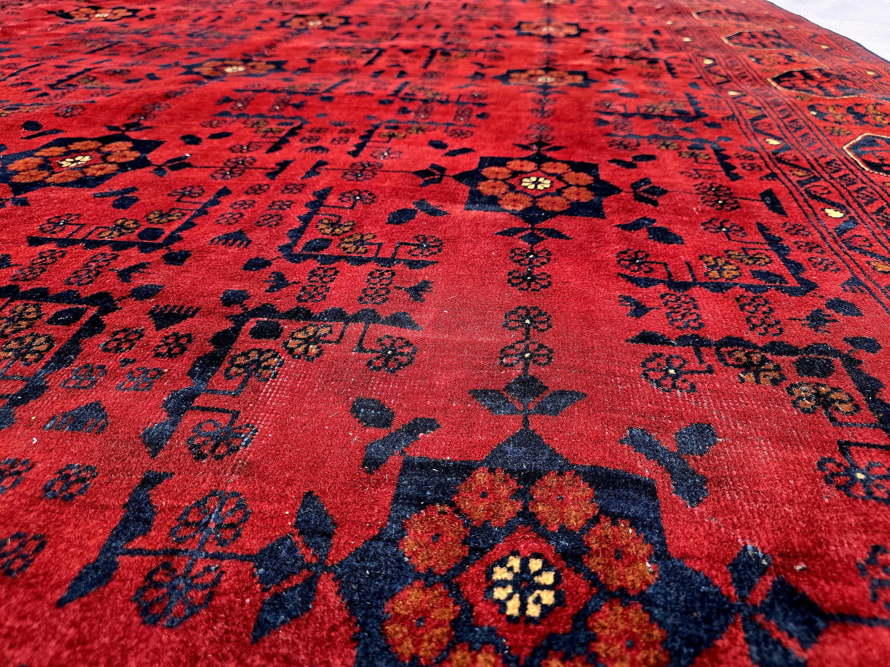 Red Geometric Medallion Rug, 6.4 x 9.3 Ft Area Rug, Crimson Tribal Style Carpet, Statement Living Room Decor