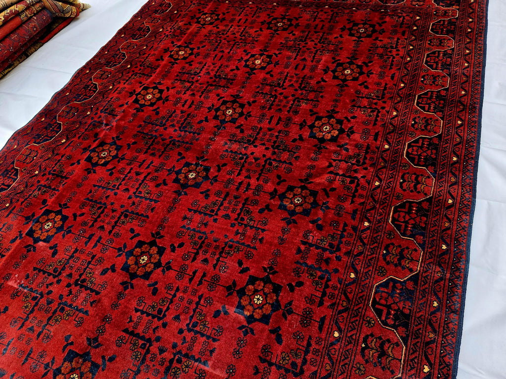 Red Geometric Medallion Rug, 6.4 x 9.3 Ft Area Rug, Crimson Tribal Style Carpet, Statement Living Room Decor