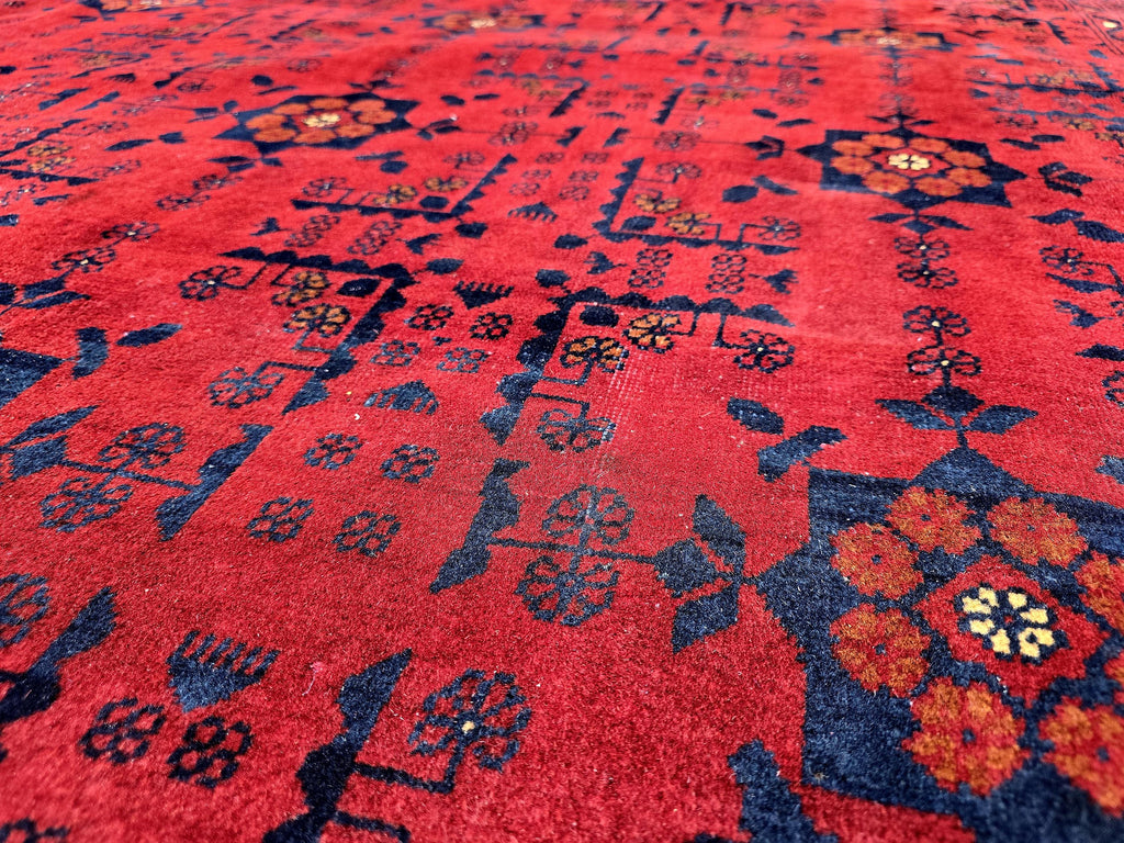Red Geometric Medallion Rug, 6.4 x 9.3 Ft Area Rug, Crimson Tribal Style Carpet, Statement Living Room Decor