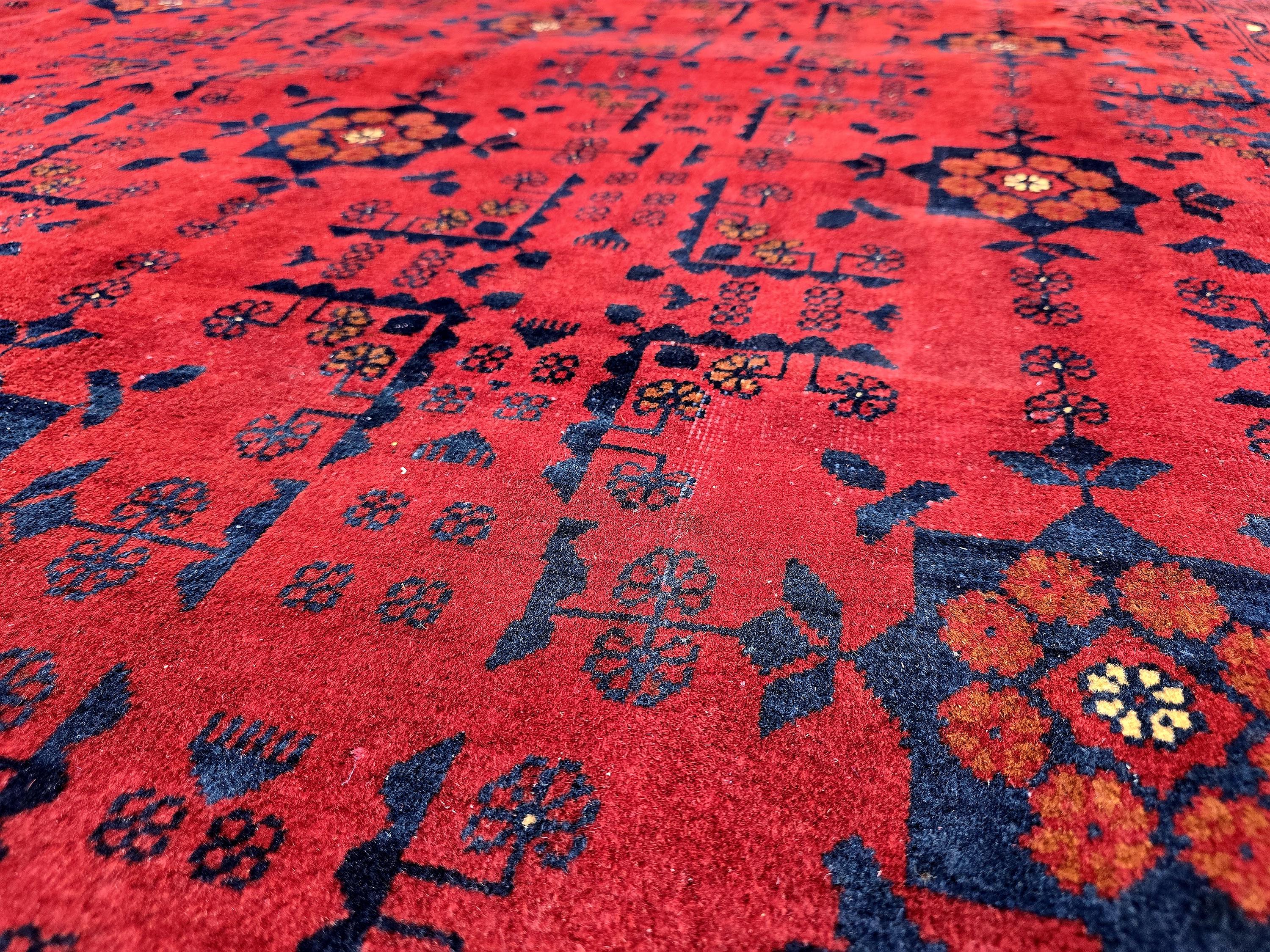 Red Geometric Medallion Rug, 6.4 x 9.3 Ft Area Rug, Crimson Tribal Style Carpet, Statement Living Room Decor