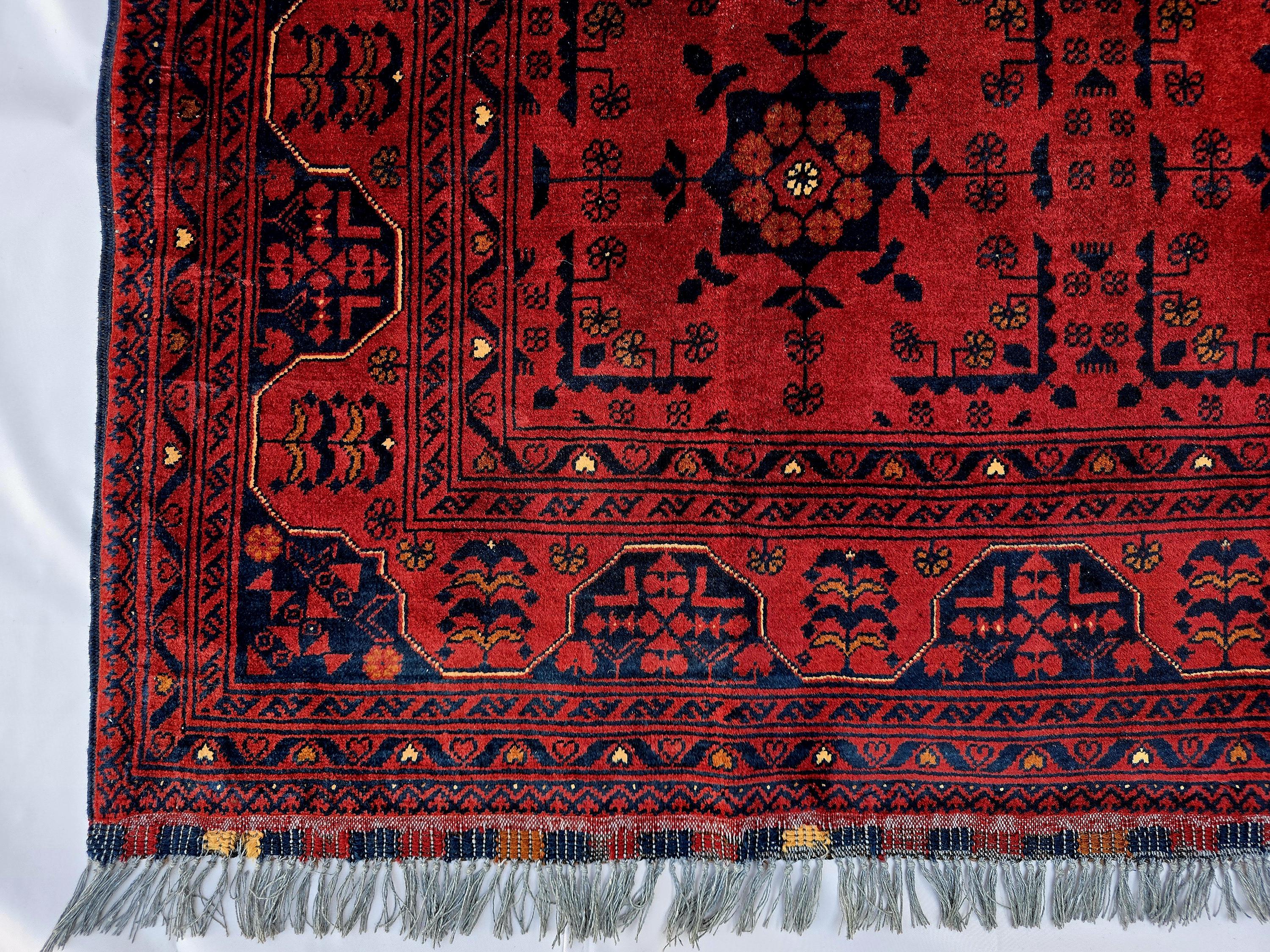 Red Geometric Medallion Rug, 6.4 x 9.3 Ft Area Rug, Crimson Tribal Style Carpet, Statement Living Room Decor