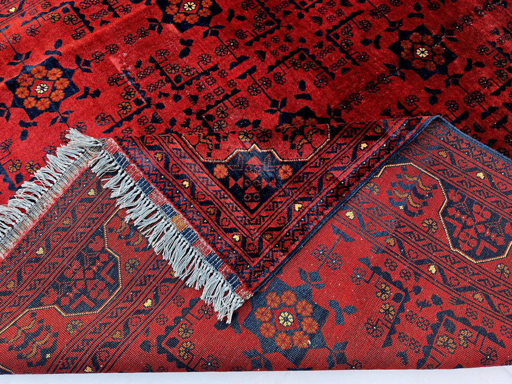Red Geometric Medallion Rug, 6.4 x 9.3 Ft Area Rug, Crimson Tribal Style Carpet, Statement Living Room Decor