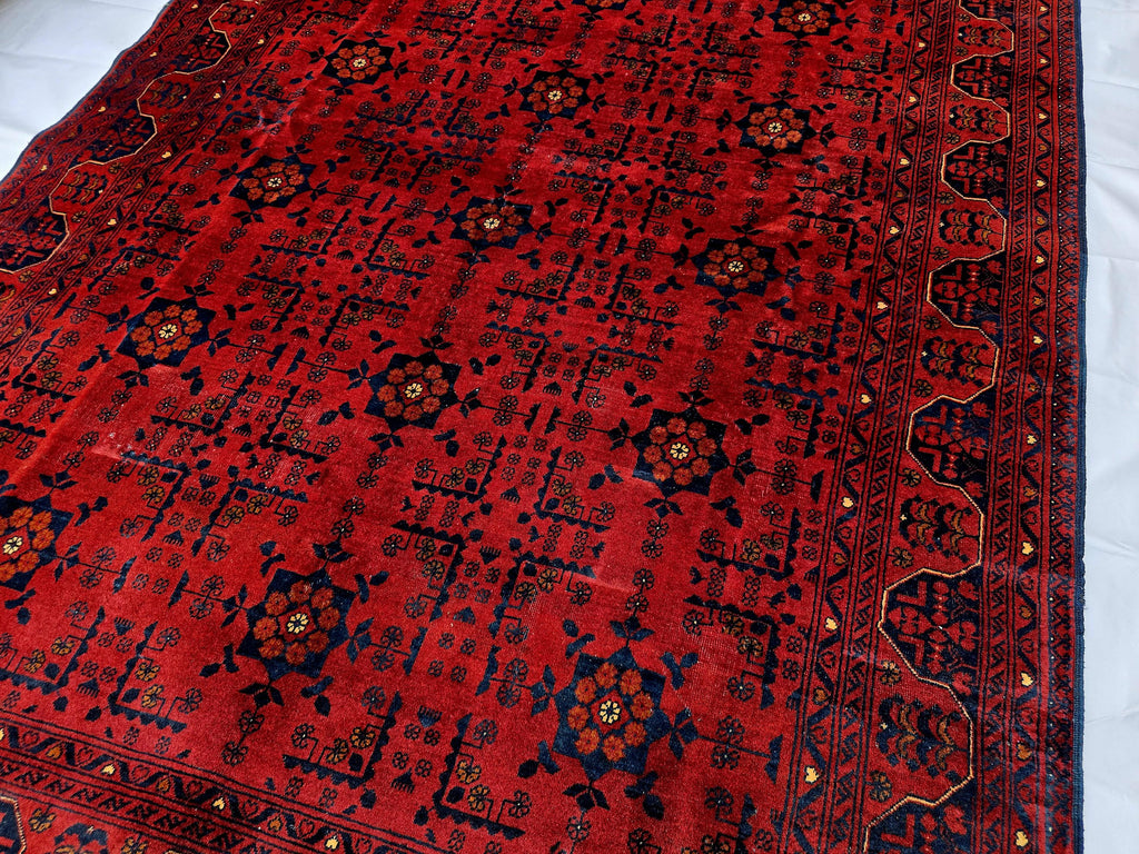Red Geometric Medallion Rug, 6.4 x 9.3 Ft Area Rug, Crimson Tribal Style Carpet, Statement Living Room Decor