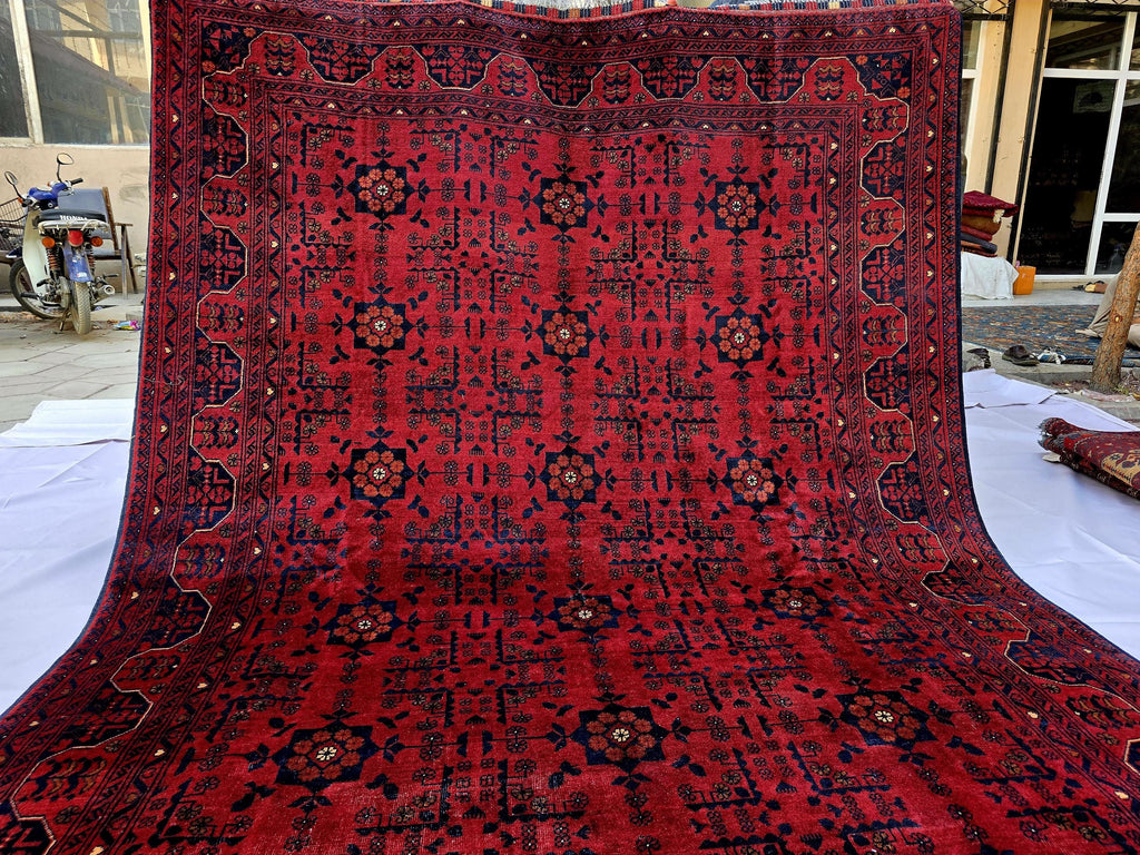 Red Geometric Medallion Rug, 6.4 x 9.3 Ft Area Rug, Crimson Tribal Style Carpet, Statement Living Room Decor