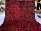 Red Geometric Medallion Rug, 6.4 x 9.3 Ft Area Rug, Crimson Tribal Style Carpet, Statement Living Room Decor
