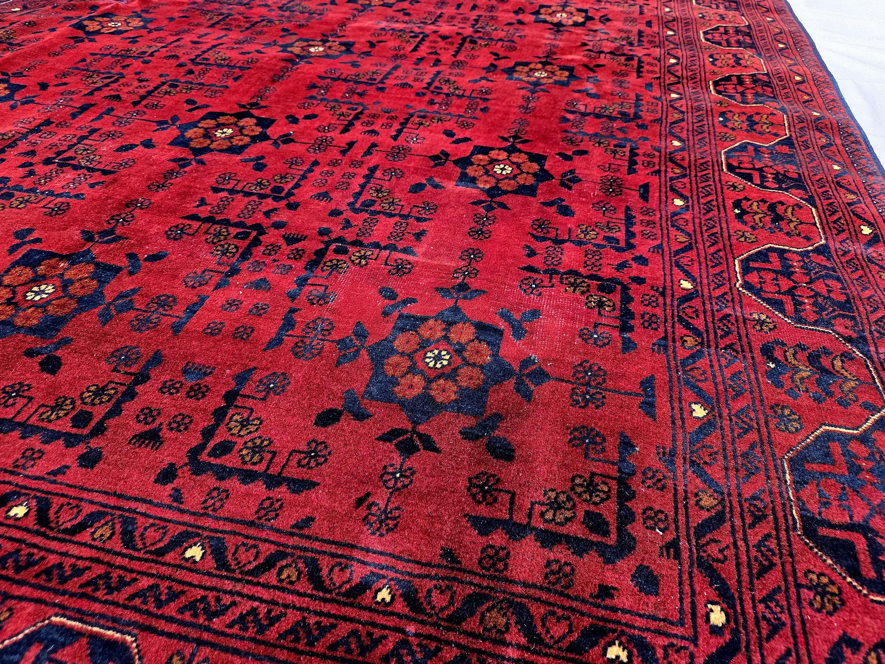 Red Geometric Medallion Rug, 6.4 x 9.3 Ft Area Rug, Crimson Tribal Style Carpet, Statement Living Room Decor