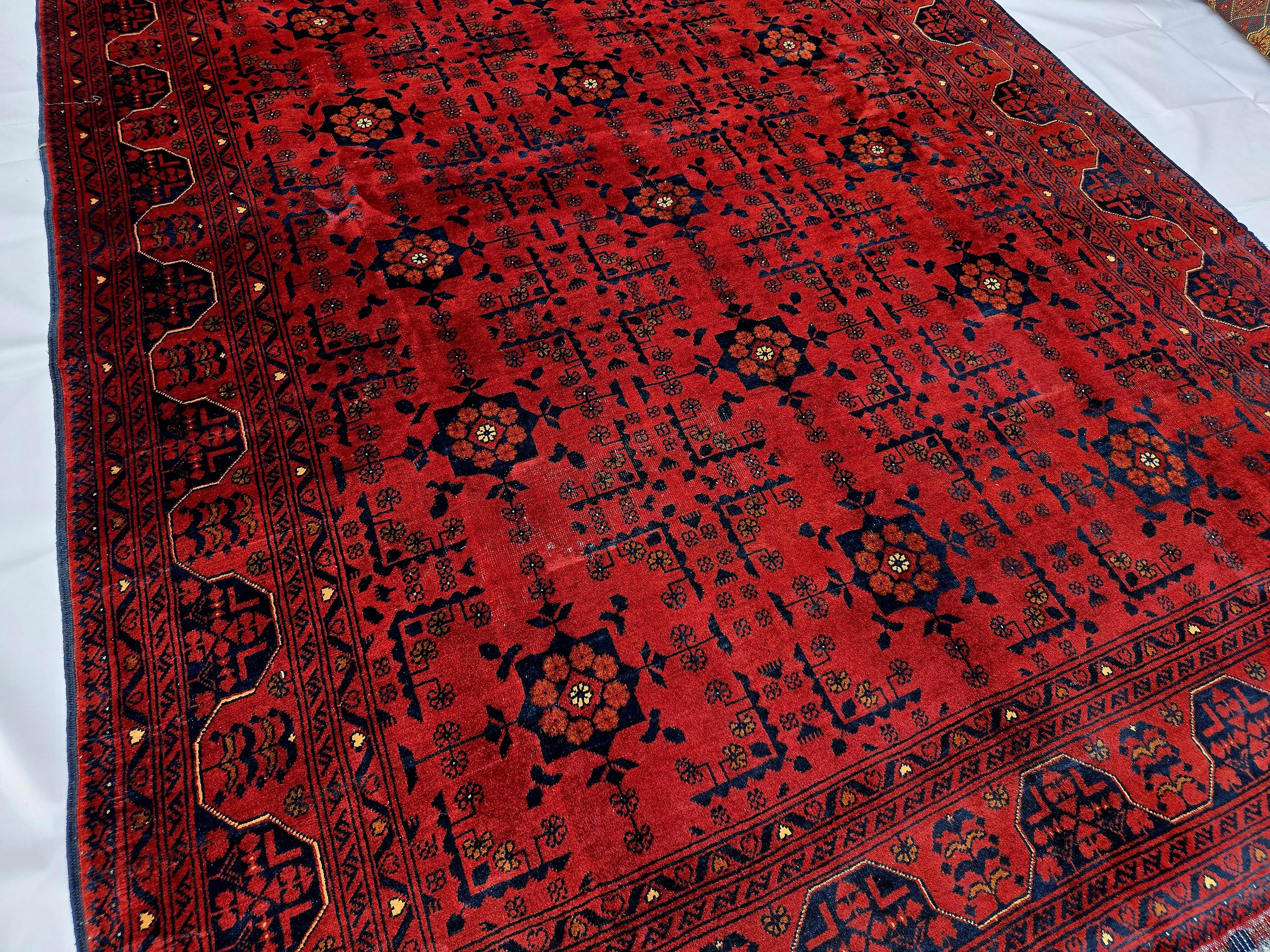 Red Geometric Medallion Rug, 6.4 x 9.3 Ft Area Rug, Crimson Tribal Style Carpet, Statement Living Room Decor