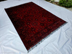 Red Geometric Medallion Rug, 6.4 x 9.3 Ft Area Rug, Crimson Tribal Style Carpet, Statement Living Room Decor