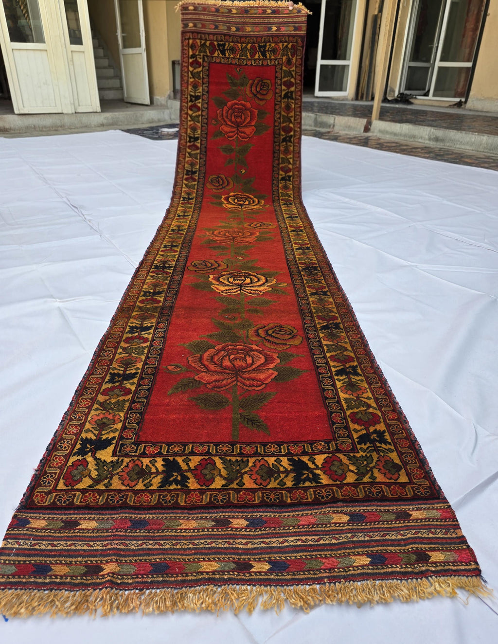 2x11 Vintage Floral Runner Rug, Red Turkmen Style Hallway Carpet, Long Narrow Rose Runner with Fringe, Boho Corridor Rug