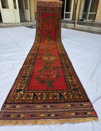 2x11 Vintage Floral Runner Rug, Red Turkmen Style Hallway Carpet, Long Narrow Rose Runner with Fringe, Boho Corridor Rug