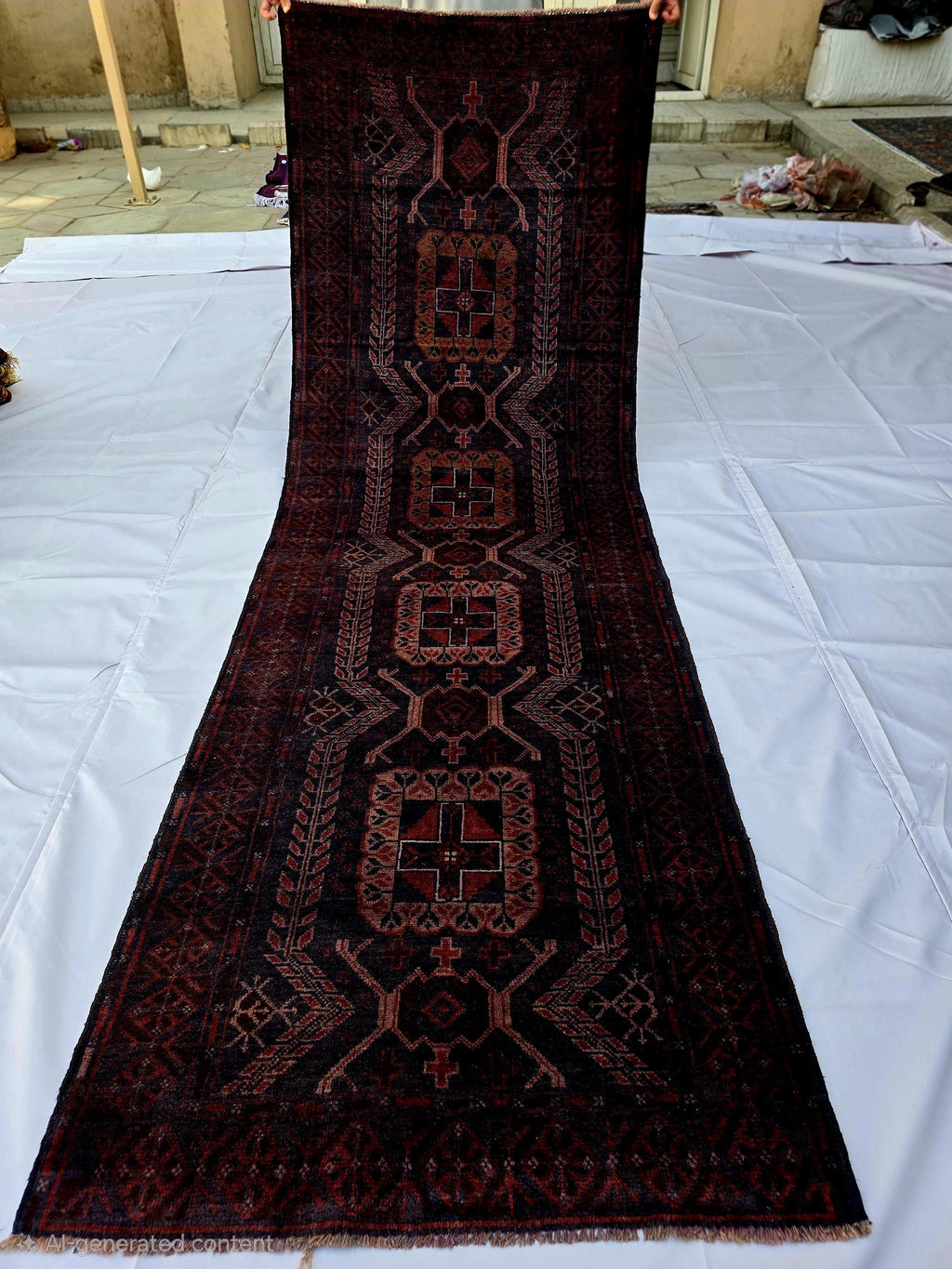 Dark Red 3x9 Vintage Tribal Runner Rug, Geometric Hallway Carpet, Turkmen Long Narrow Rug with Medallions