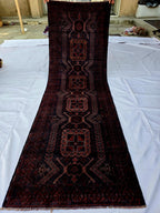 Dark Red 3x9 Vintage Tribal Runner Rug, Geometric Hallway Carpet, Turkmen Long Narrow Rug with Medallions