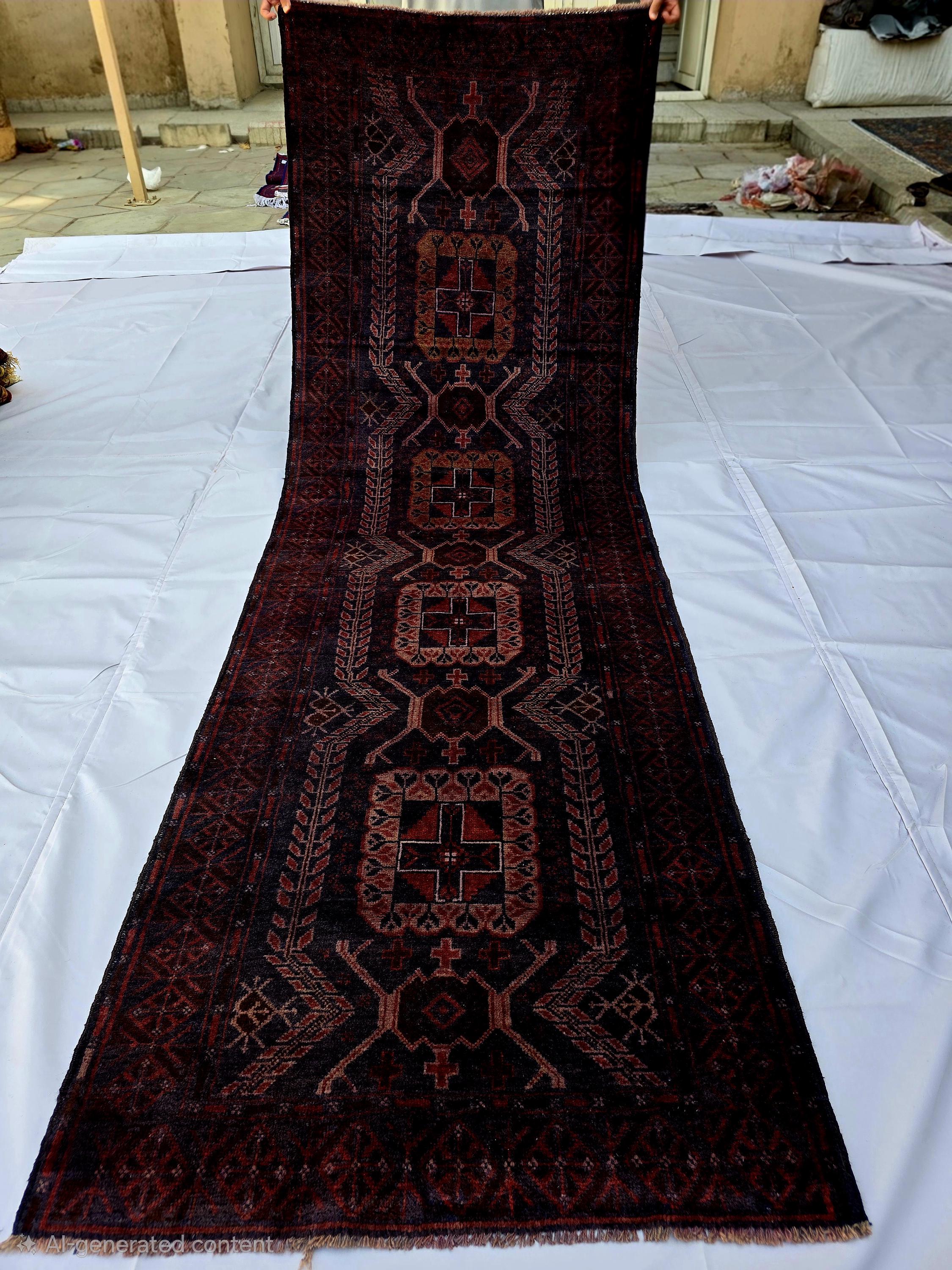 Dark Red 3x9 Vintage Tribal Runner Rug, Geometric Hallway Carpet, Turkmen Long Narrow Rug with Medallions