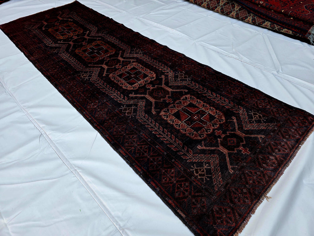 Dark Red 3x9 Vintage Tribal Runner Rug, Geometric Hallway Carpet, Turkmen Long Narrow Rug with Medallions