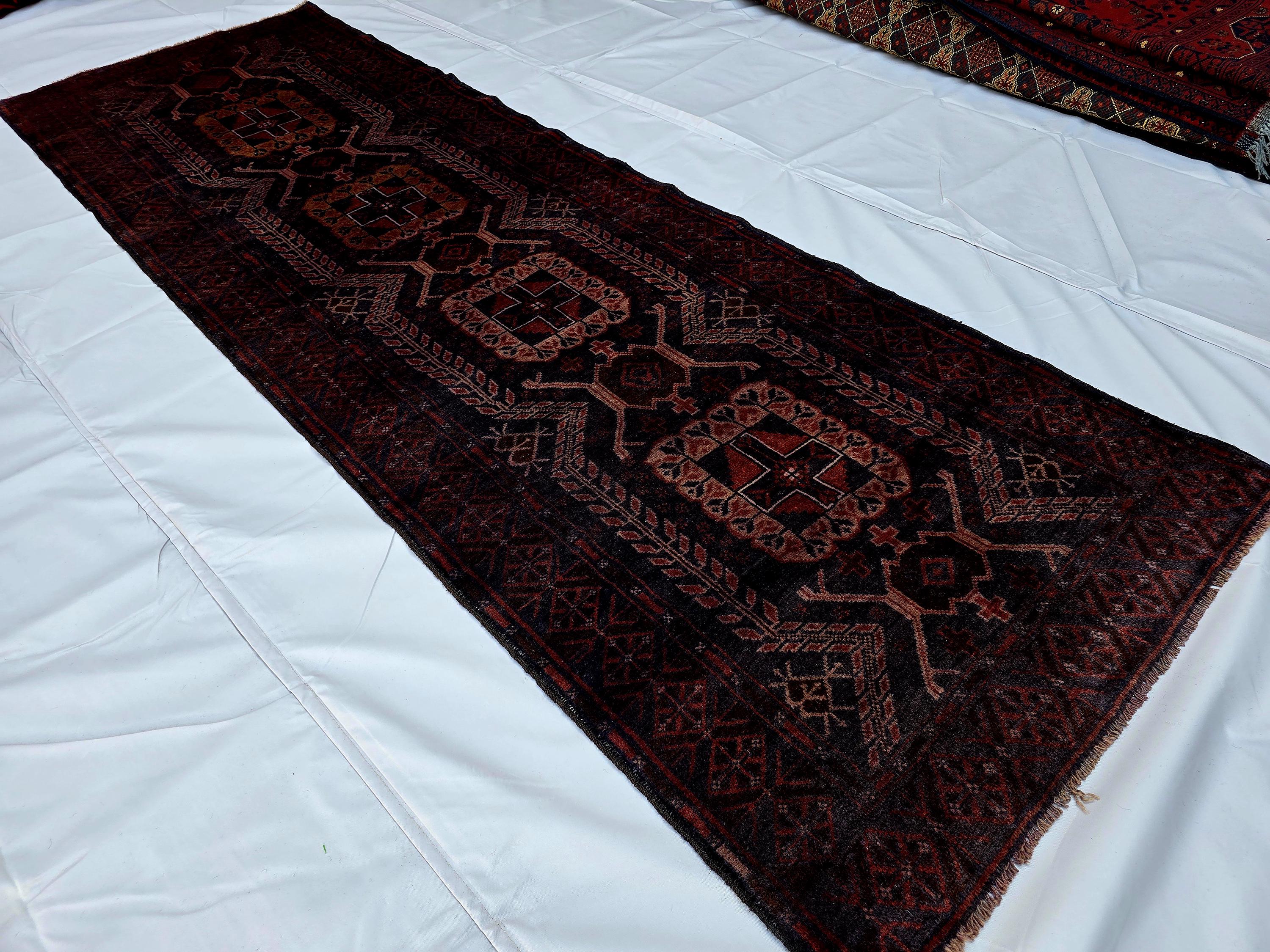 Dark Red 3x9 Vintage Tribal Runner Rug, Geometric Hallway Carpet, Turkmen Long Narrow Rug with Medallions