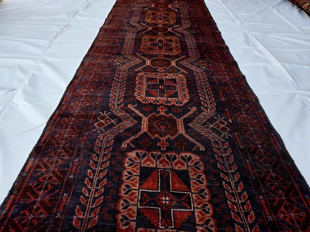 Dark Red 3x9 Vintage Tribal Runner Rug, Geometric Hallway Carpet, Turkmen Long Narrow Rug with Medallions
