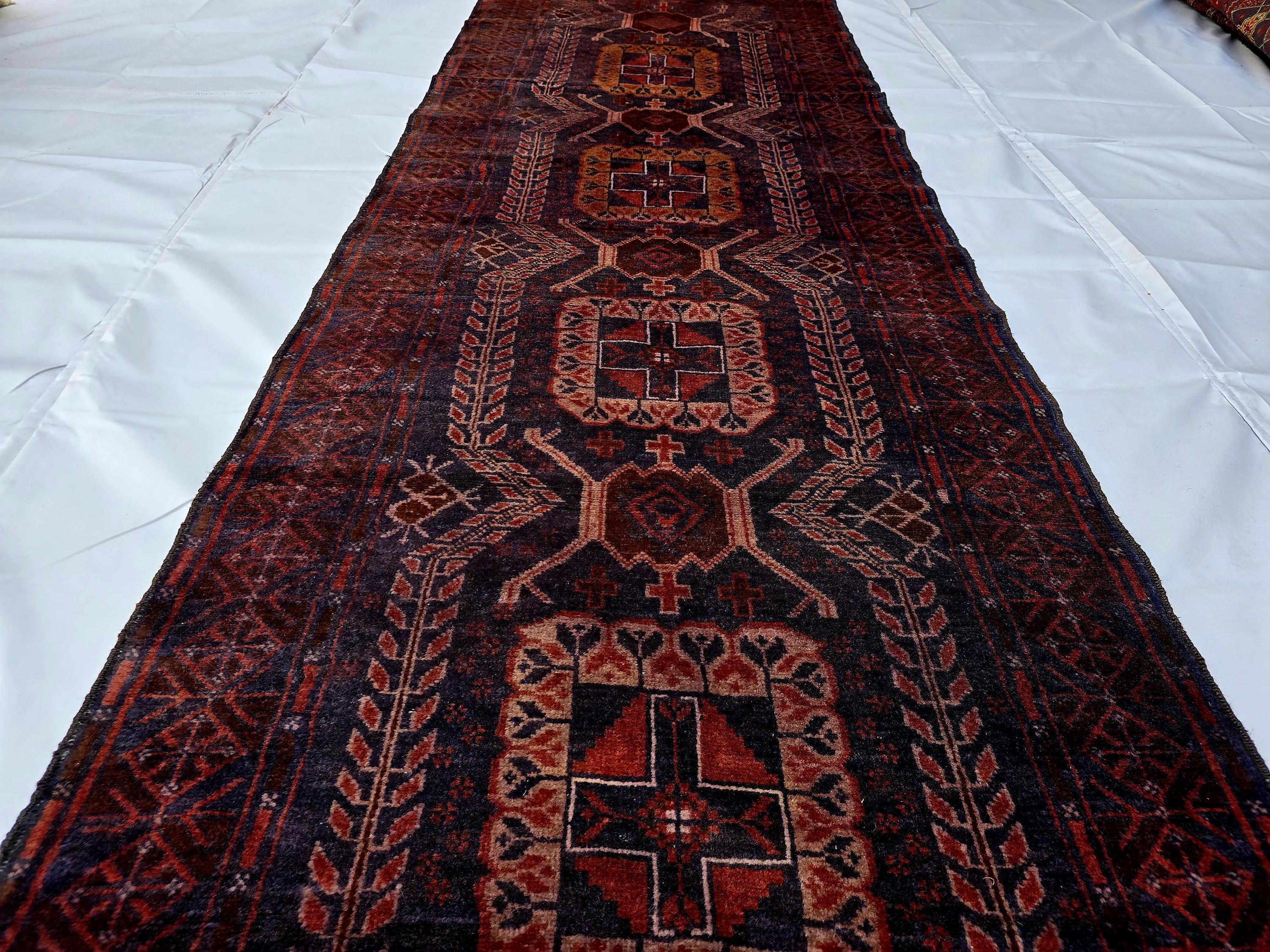 Dark Red 3x9 Vintage Tribal Runner Rug, Geometric Hallway Carpet, Turkmen Long Narrow Rug with Medallions