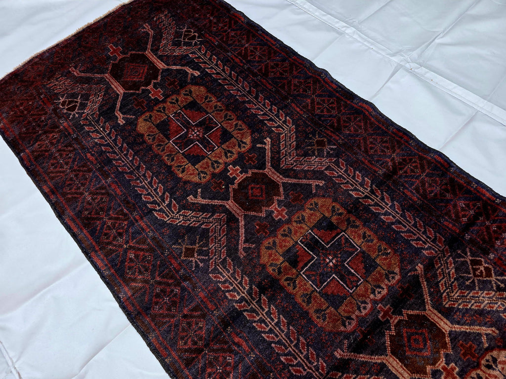 Dark Red 3x9 Vintage Tribal Runner Rug, Geometric Hallway Carpet, Turkmen Long Narrow Rug with Medallions