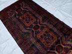 Dark Red 3x9 Vintage Tribal Runner Rug, Geometric Hallway Carpet, Turkmen Long Narrow Rug with Medallions