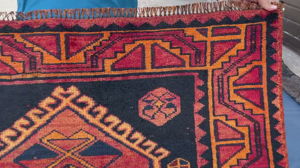 Black & Rust Hallway Rug 3'10x8'6 Vintage Afghan Runner Rug – 1940s Antique, Handmade Wool Carpet