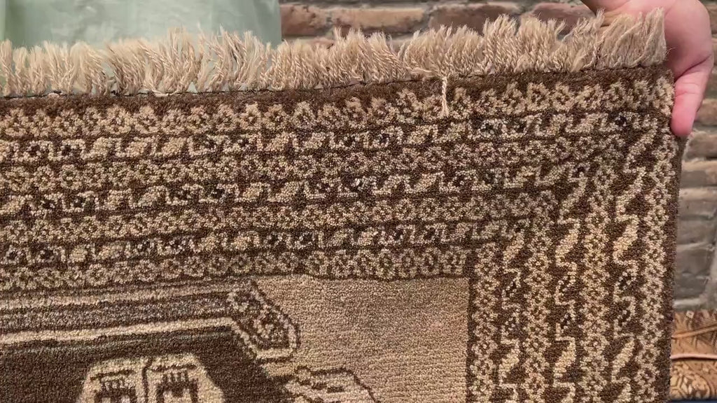 3×5 Ft Handmade Afghan Figure Rug, Vintage Wool Tribal Area Rug, Brown Pictorial Carpet