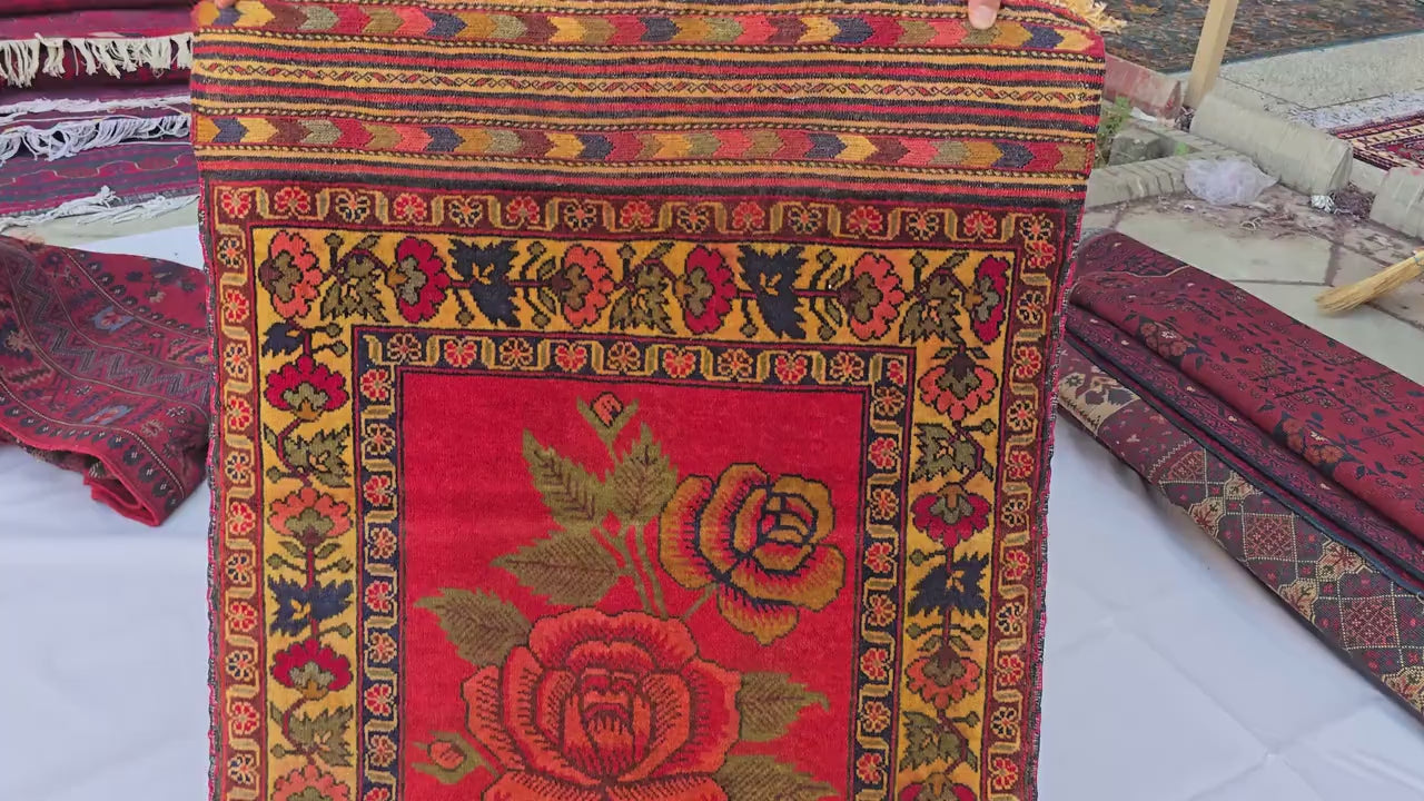 2x11 Vintage Floral Runner Rug, Red Turkmen Style Hallway Carpet, Long Narrow Rose Runner with Fringe, Boho Corridor Rug