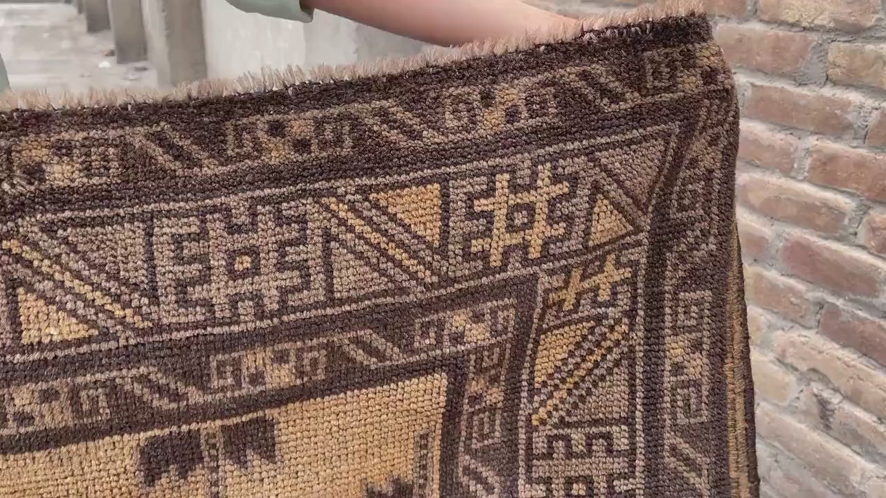 5x8 ft Brown Vintage Handwoven Tribal Wool Geometric Carpet - Living Room Carpet