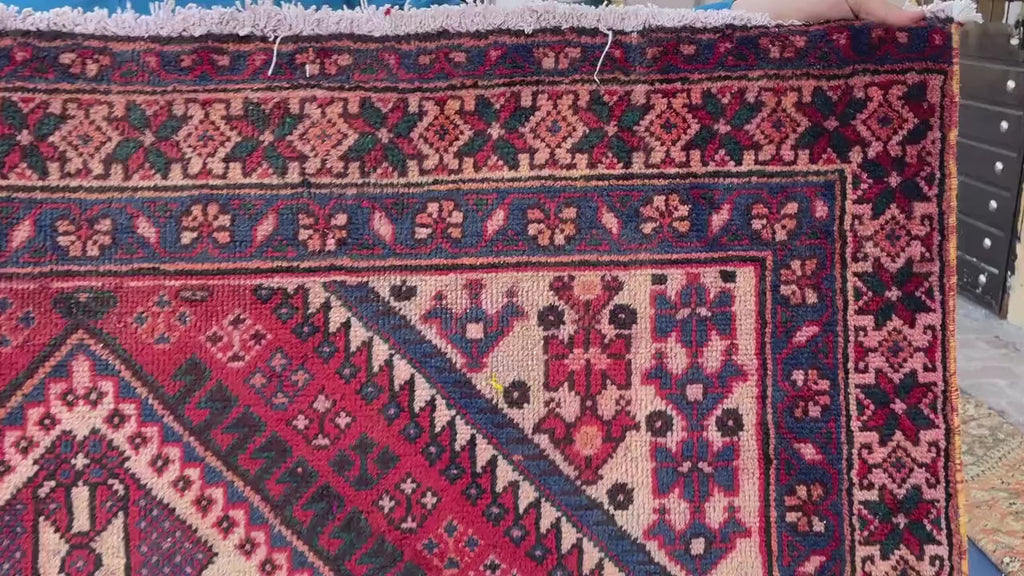 Vintage 4'8x9'6 ft Afghan Tribal Rug – Red & Indigo Geometric Design – Handwoven Antique Wool Carpet