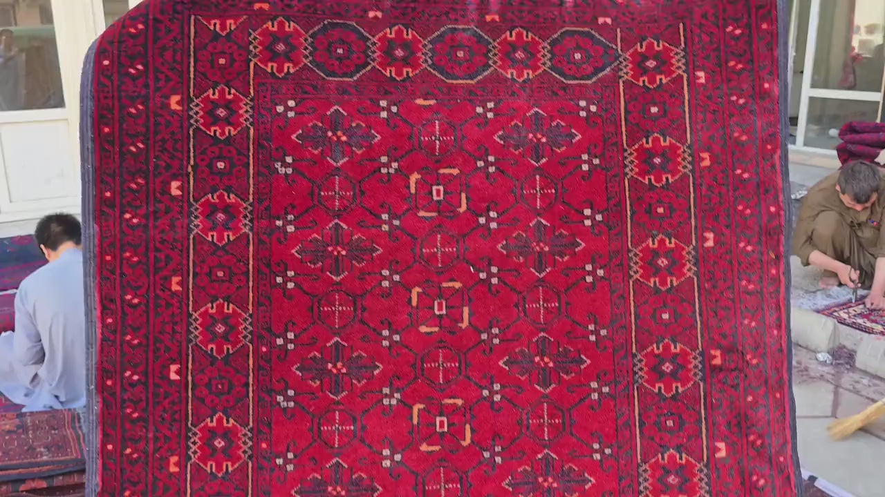 3x13 ft, Handmade Wool Rug, Traditional Tribal Runner, Red Oriental Hallway Rug, Long Narrow Boho Carpet, Geometric Rug