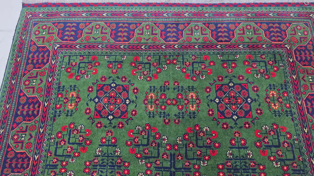 Green Bukhara 5x7 Ft Rug, Handmade Geometric Wool Carpet for Living Room