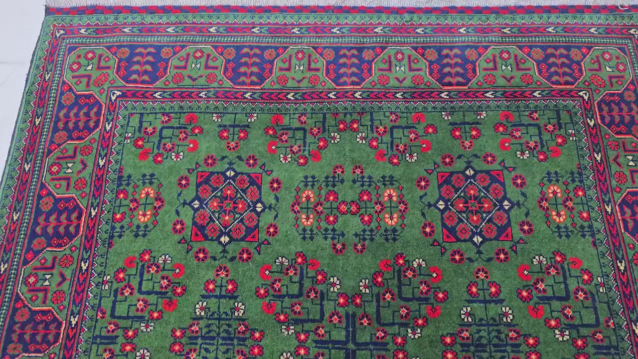 Green Bukhara 5x7 Ft Rug, Handmade Geometric Wool Carpet for Living Room