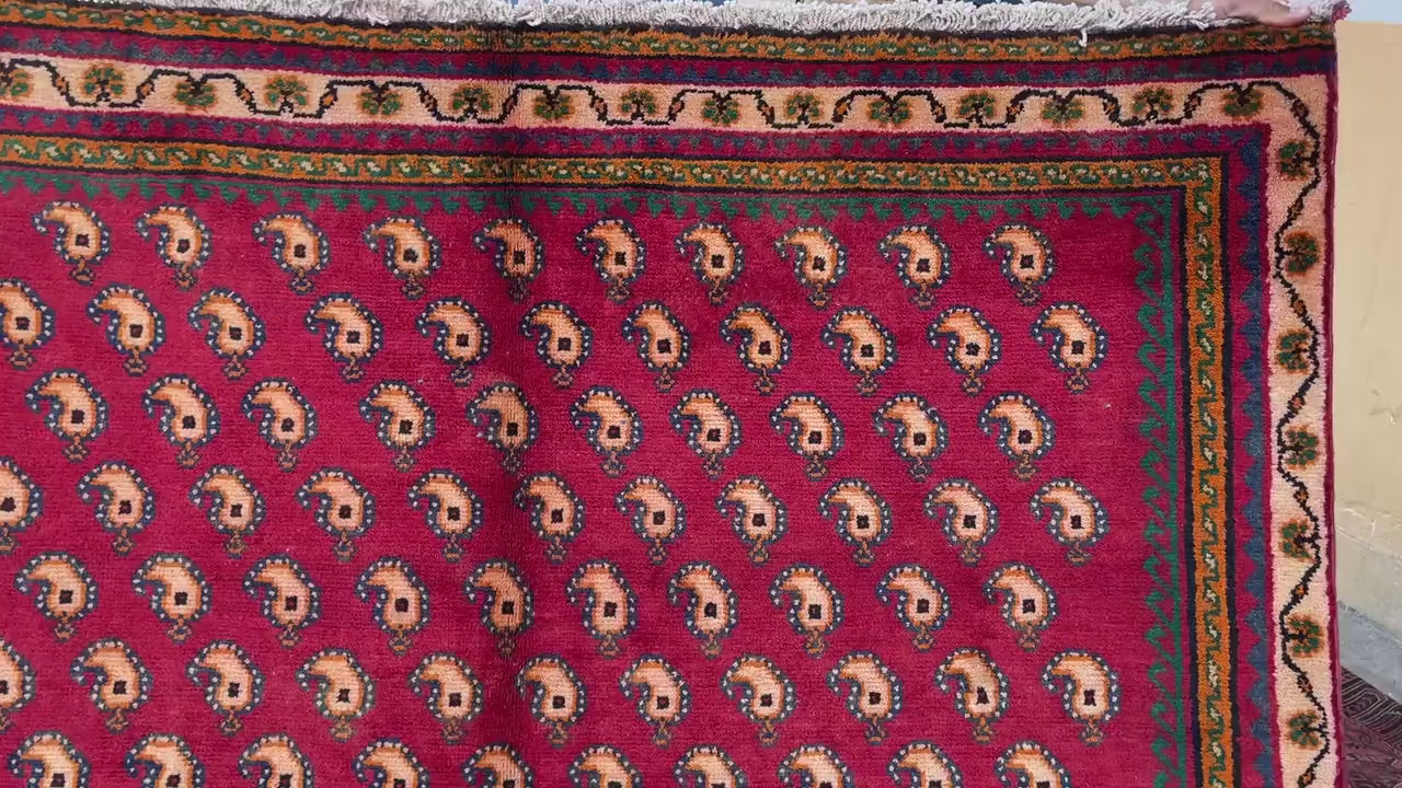 Paisley Design 4'7x8'1 Vintage Rug – Handmade Red Tribal Bokhara Style Wool Area Carpet