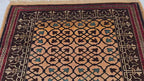 Antique Geometric Rug 4.9x6.6 Ft, Gold Field Black Border Carpet, Vintage Fringed Area Rug
