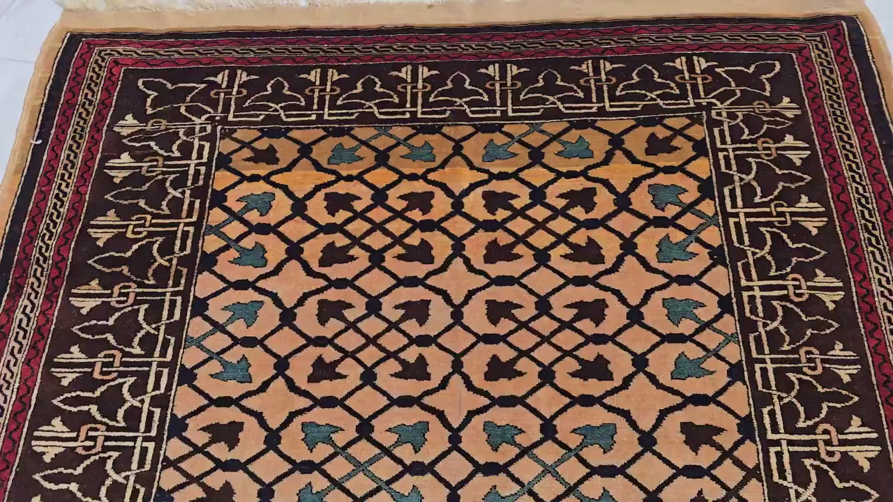 Antique Geometric Rug 4.9x6.6 Ft, Gold Field Black Border Carpet, Vintage Fringed Area Rug