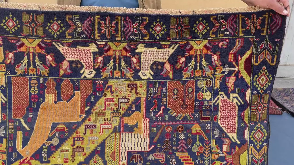 Vintage 4x7 ft Pictorial Tribal Rug, Deep Blue Animal Scene Carpet, Handwoven Folk Art