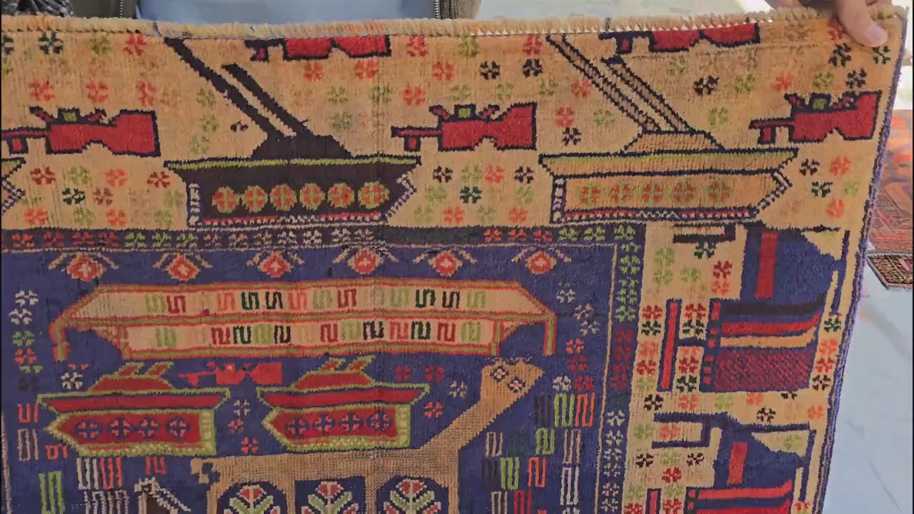 Antique Baluchi Runner Rug 3'6" x 7'5" Tribal Pictorial Design in Navy, Rust & Beige