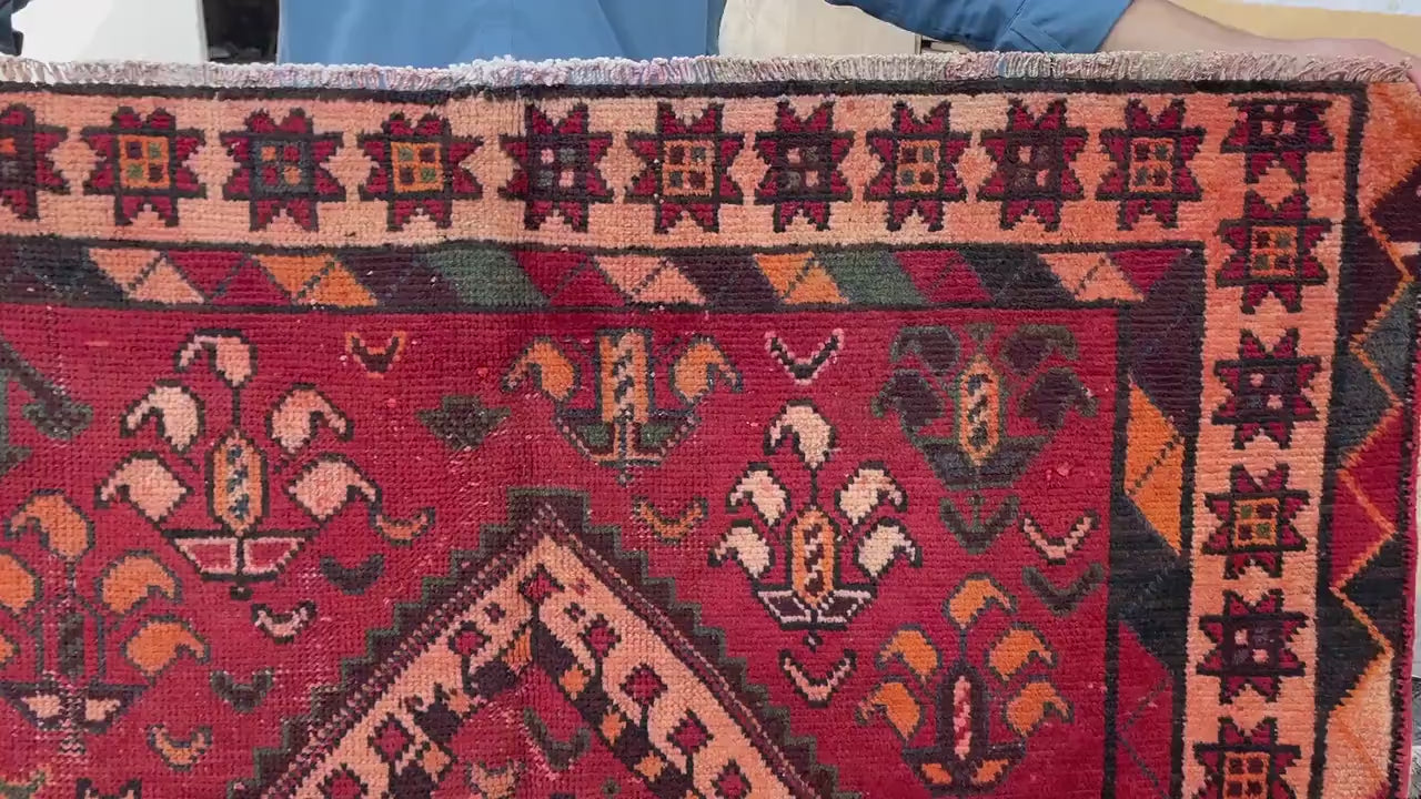 4x9 Rustic Red Vintage Handwoven Wool Rug, Carpet for Farmhouse