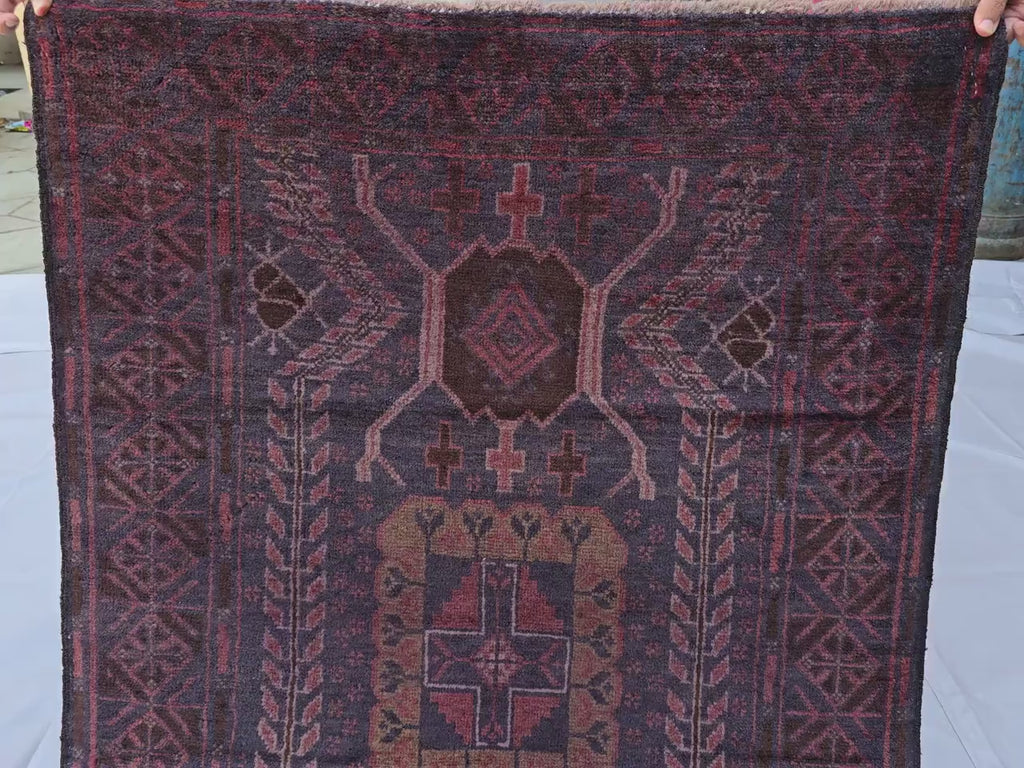 Dark Red 3x9 Vintage Tribal Runner Rug, Geometric Hallway Carpet, Turkmen Long Narrow Rug with Medallions