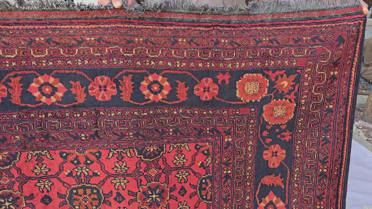 Vintage Afghan Handmade Rug 7x9 ft – Red Black Oriental Wool Area Rug