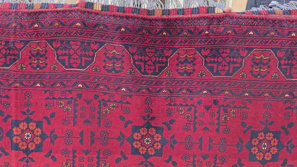 Red Geometric Medallion Rug, 6.4 x 9.3 Ft Area Rug, Crimson Tribal Style Carpet, Statement Living Room Decor