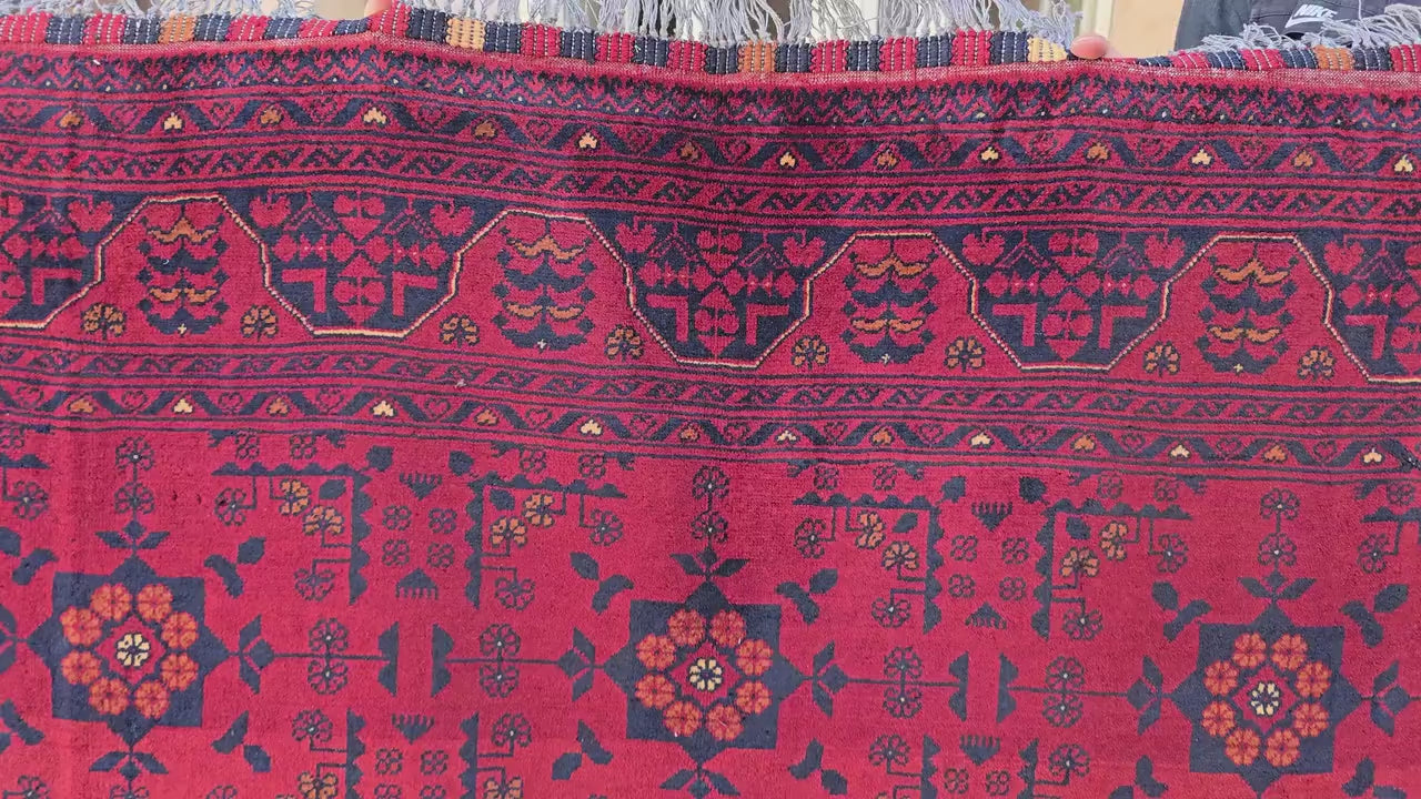 Red Geometric Medallion Rug, 6.4 x 9.3 Ft Area Rug, Crimson Tribal Style Carpet, Statement Living Room Decor
