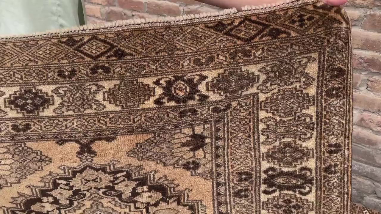 Brown Handwoven Antique Afghan Geometric Turkmen Wool Rug - 5.10x 4.4 ft - Rustic Home decor