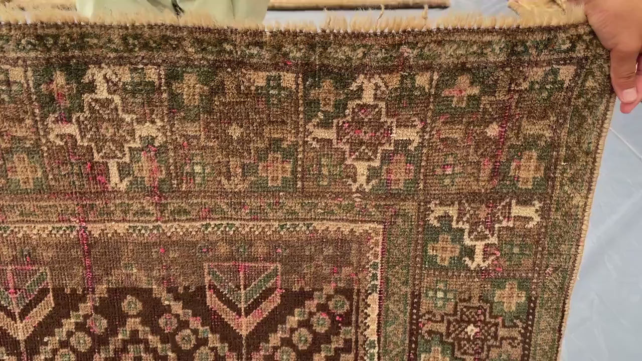 3x9 ft Antique Ali Hoja Handmade Afghan Wool Hallway Rug - Collectible Vintage Piece