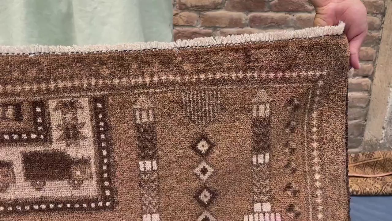 3×4.4 Ft Vintage Afghan Baluchi Rug, Handmade Wool Tribal Area Rug, Brown Geometric Carpet, Rustic Boho Decor