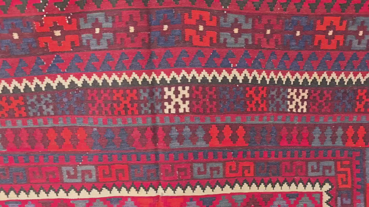 7'4x8 ft Afghan Red Blue Kilim Rug, Handmade Tribal Wool Rug, Vintage Geometric Area Carpet