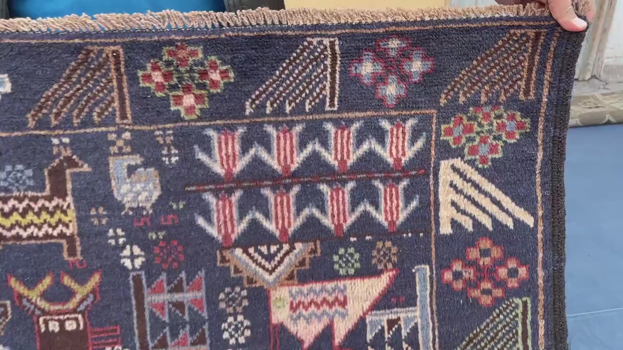 Vintage 4x7 ft Animal Motif Rug, Handmade Blue Tribal Carpet