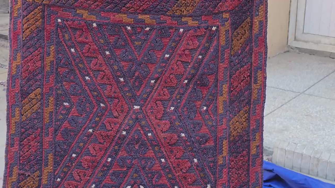 Rustic Red Navy 2.5×12 ft Vintage Mashwari Kilim Runner Rug