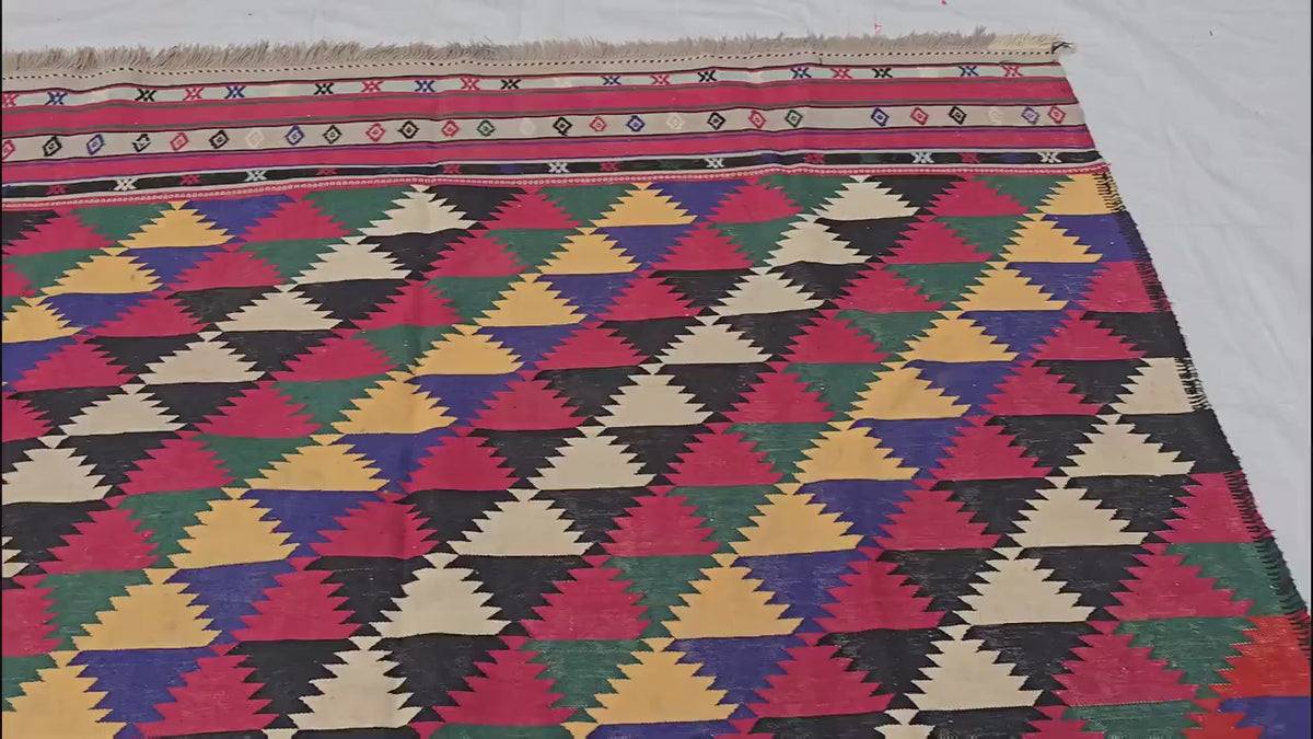 7x10 Vintage Kilim Rug, Large Flatweave Geometric Tribal Boho Area Rug, Multicolor Fringed Carpet