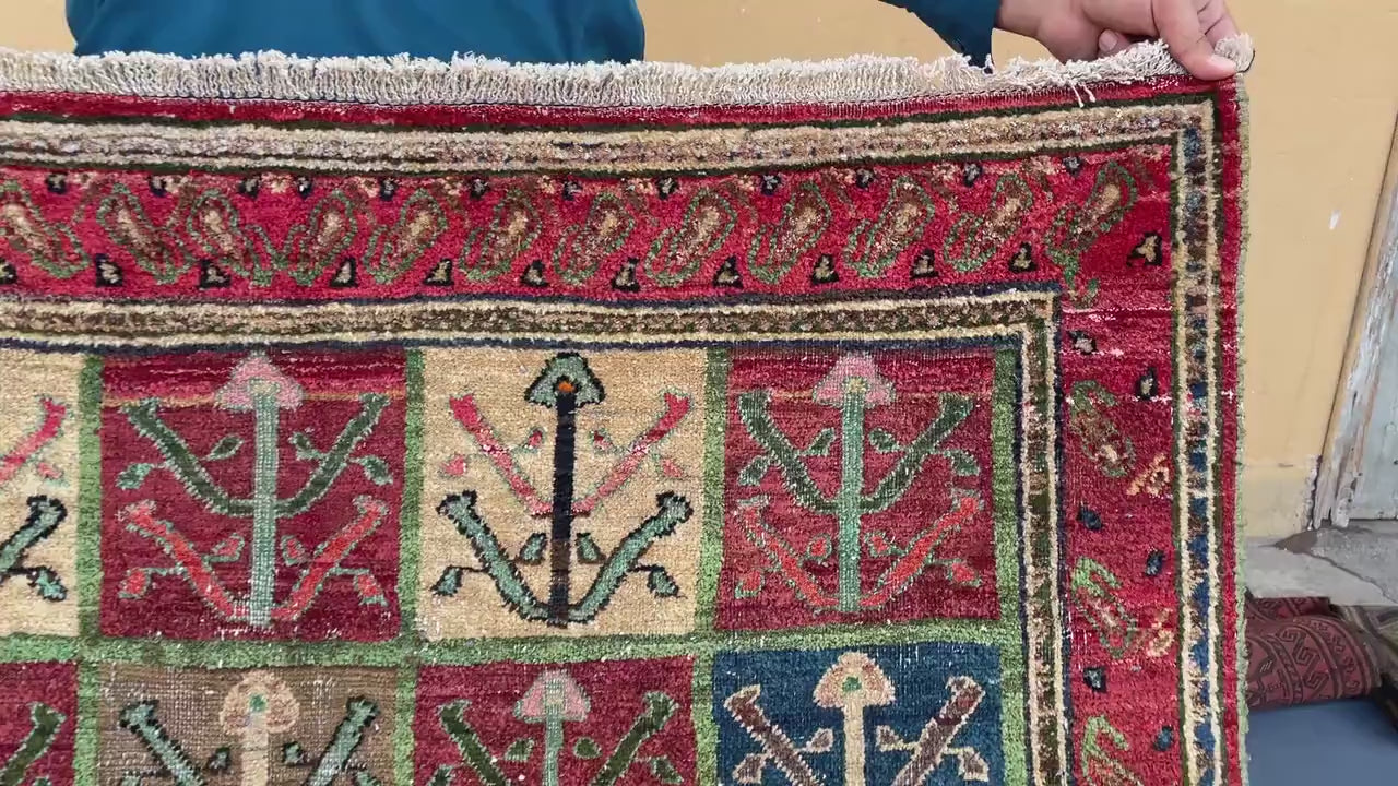 4x6 Caucasian Antique Wool Rug, Handmade Geometric Carpet for Living Room